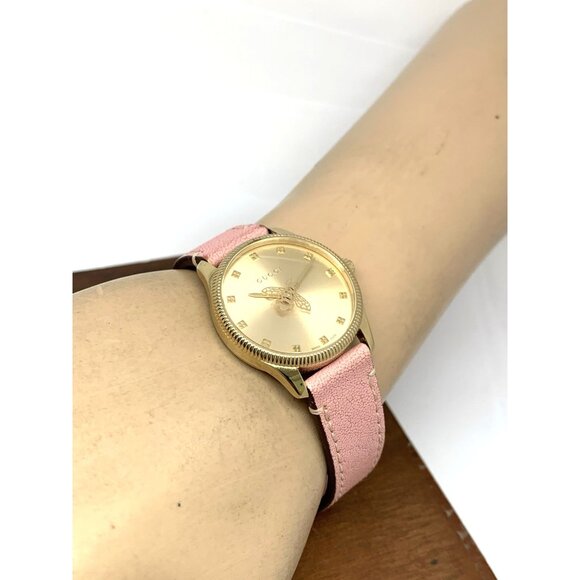 GUCCI Women's Watch YA126041 G-Timeless Swiss Quartz Gold Pink Leather Band 29mm - Picture 6 of 14